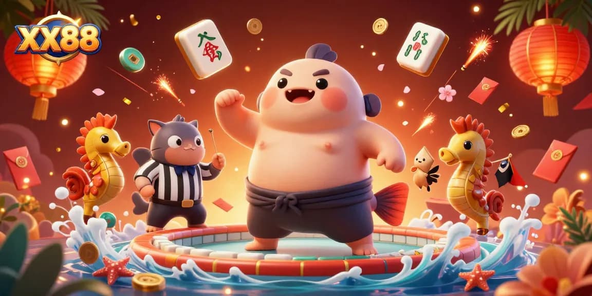 Engage in thrilling bets with XX88 as the fugu sumo battles in a vibrant underwater casino scene.