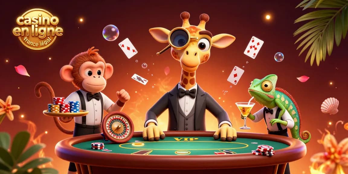 Illustration d'une girafe joueur à une table de poker et un valet singe, représentant un casino en ligne France légal.