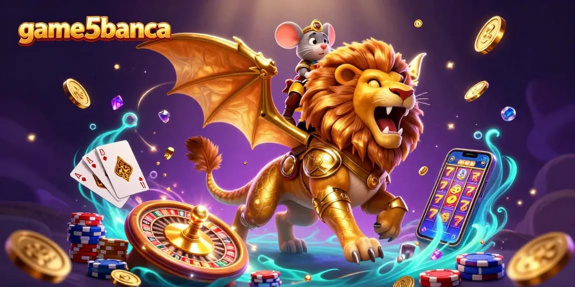 Experience the thrill at game5banca with a roaring chimera creature and exciting casino elements in a vibrant 3D scene.