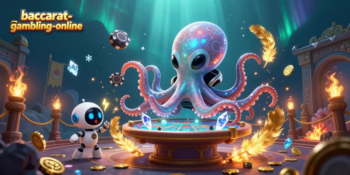 Experience baccarat-gambling-online with an alien octopus at a holographic table, showcasing unique casino elements.