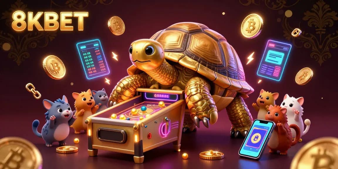 Engage with the exciting 8KBET casino scene featuring a colossal tortoise pinball machine surrounded by crypto elements.