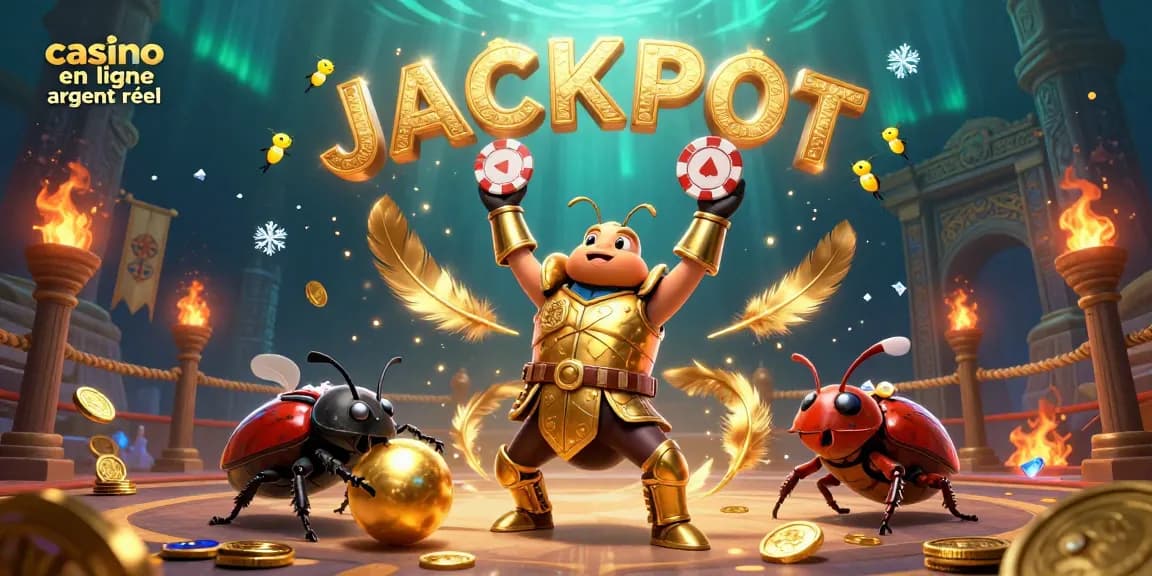 Visualisez un casino en ligne argent réel avec un scarabée héros et l'écriture JACKPOT.