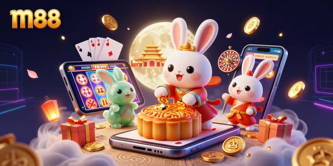 m88 offers thrilling casino action with vibrant graphics, showcasing exciting slot games and poker chips.