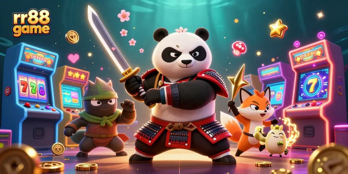 Experience the thrill of rr88 game with a samurai panda and ninja fox in a vibrant casino scene.