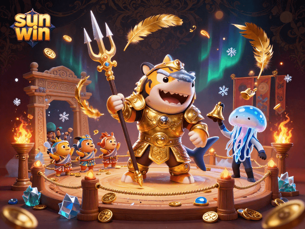 Experience the thrill of sun win with an exciting underwater gambling scene featuring a golden shark gladiator.