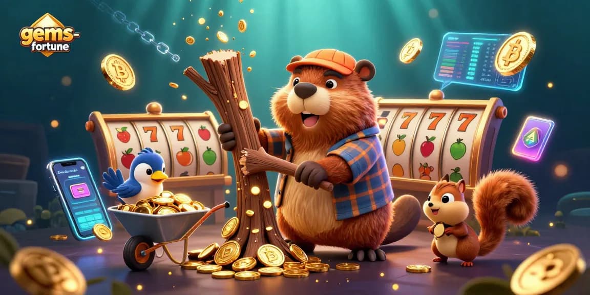 Spin slots and uncover treasures in gems-fortune with vibrant gold coins raining down.