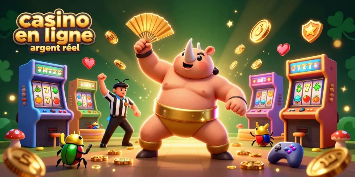 Découvrez un univers coloré avec le casino en ligne argent réel, mettant en scène un champion sumo et ses supporters enthousiastes.
