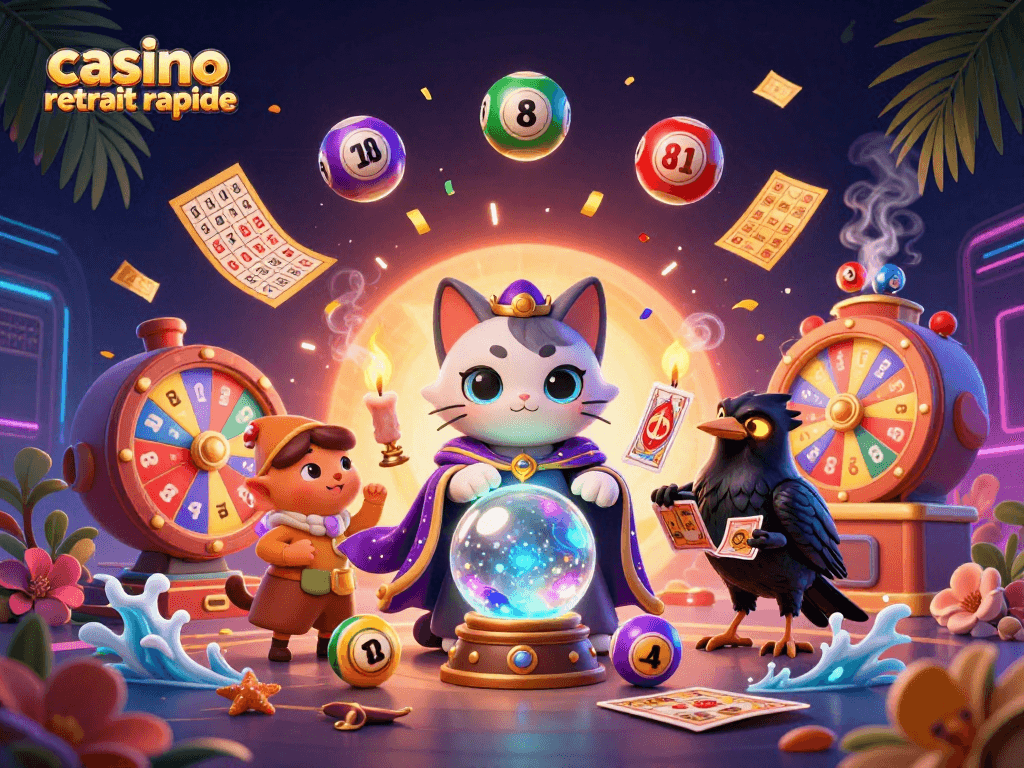 Visualisez casino retrait rapide avec un chat mystique, un corbeau et des éléments de loterie colorés.