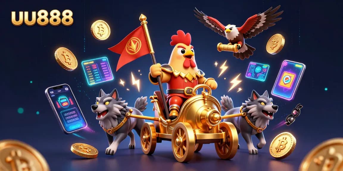 Engage in thrilling bets at uu888 with vibrant casino-themed 3D artwork depicting a rooster warlord.