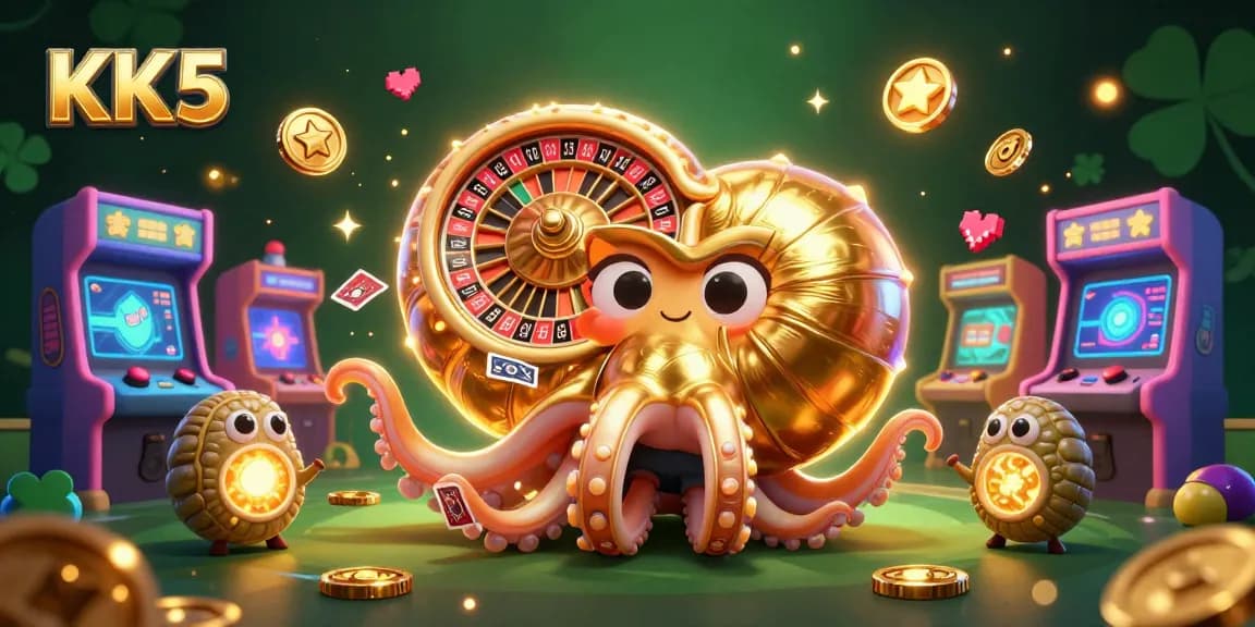 Engage in thrilling gameplay at KK5 with a vibrant 3D casino scene full of characters and arcade elements.