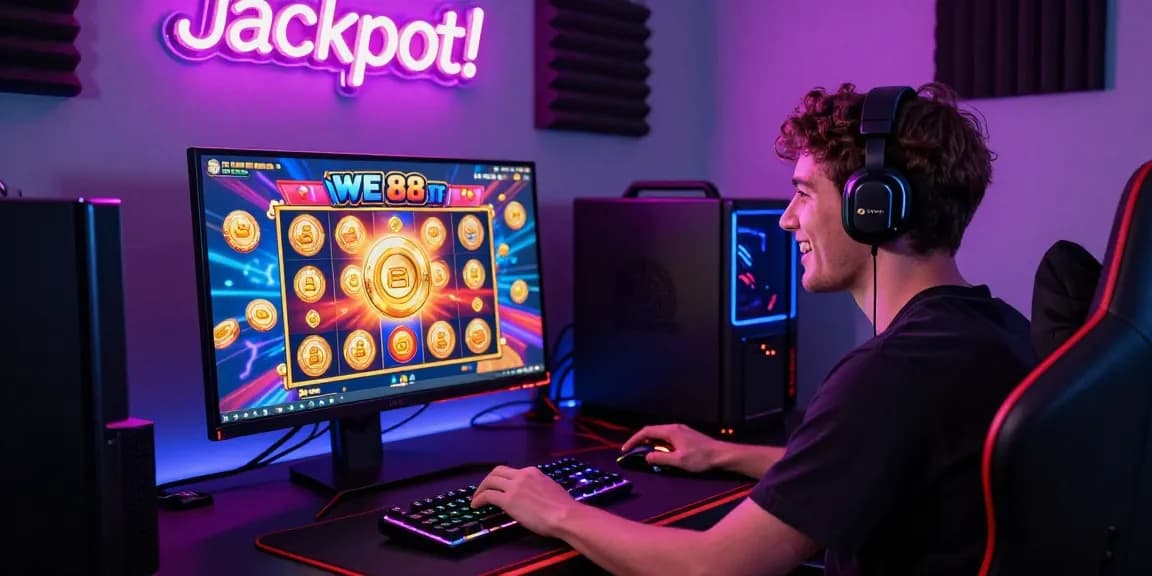 Engaged gamer playing we88 PGSLOT on a high-resolution setup filled with vibrant graphics and dynamic rewards.
