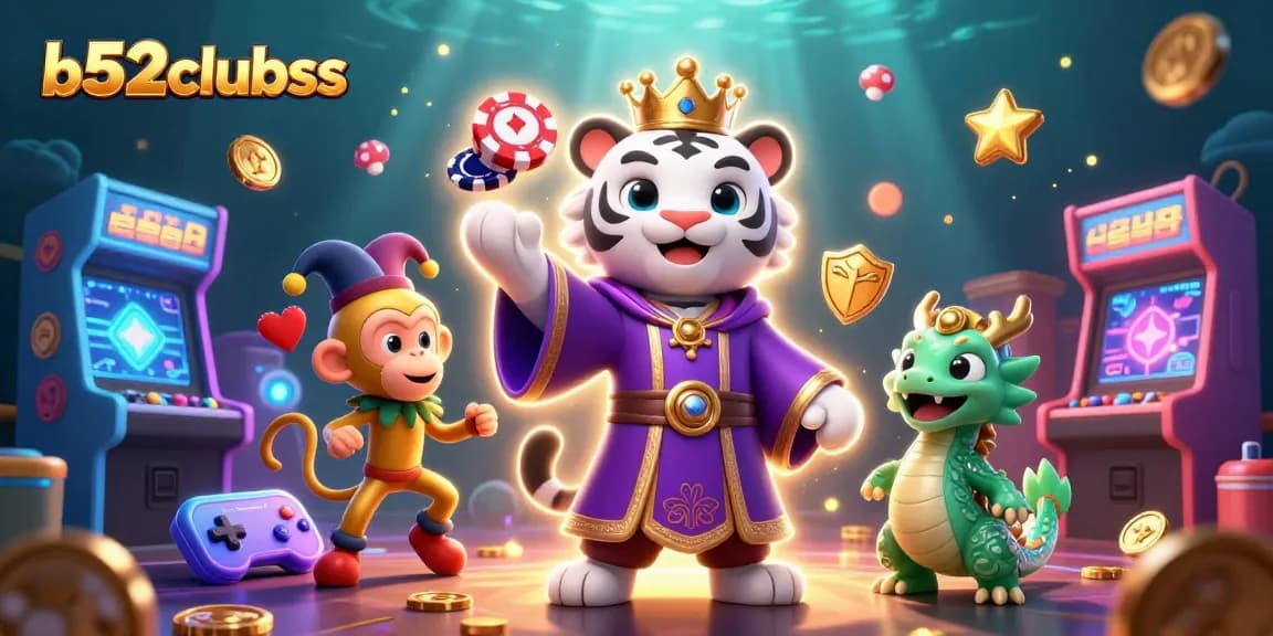 Experience the excitement at b52clubss with a vibrant 3D illustration of a white tiger and golden monkey in a casino setting.