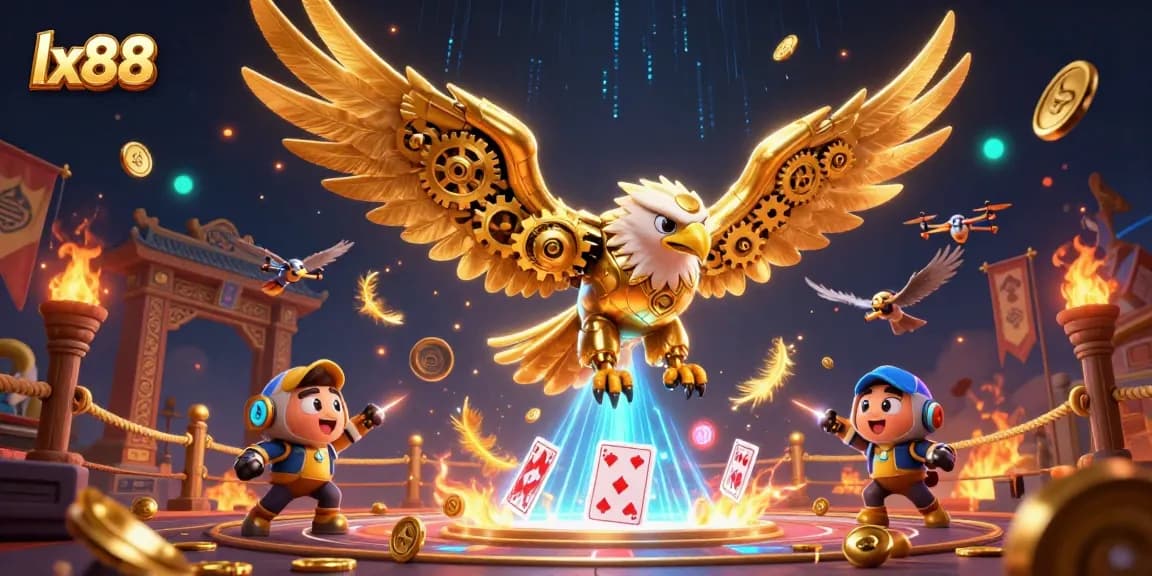 Experience thrilling gaming at lx88 with a golden eagle diving through holographic cards.