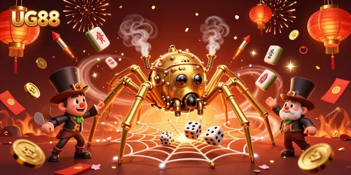 Experience the enchanting world of UG88 as the golden spider weaves its web of chance with vibrant casino elements.