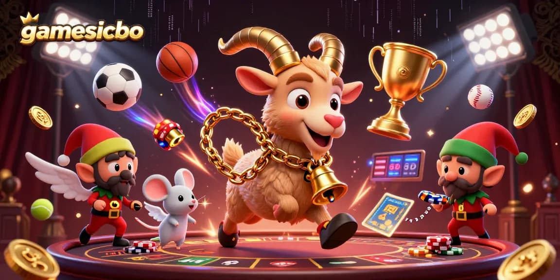 Experience gamesicbo excitement with a vibrant, lively 3D casino illustration featuring whimsical characters and dynamic sports elements.