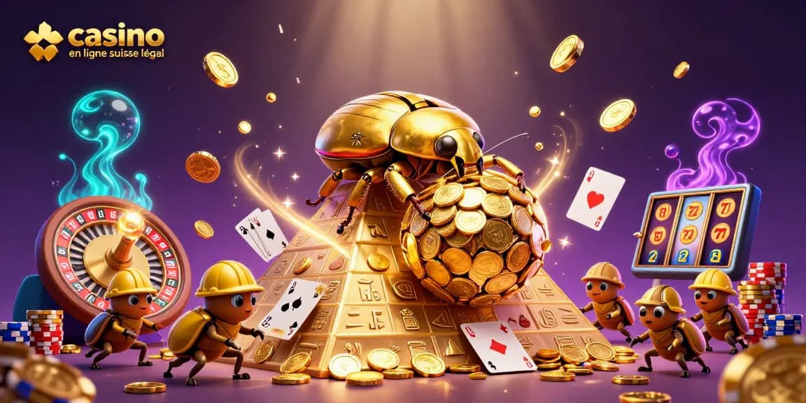 Illustration dynamique de casino en ligne suisse légal avec des personnages de scarabées et des symboles de jeu.
