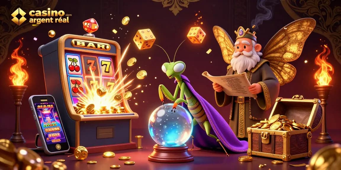 Plongez dans le monde du casino en ligne argent réel avec une scène captivante de personnages et machines à sous.
