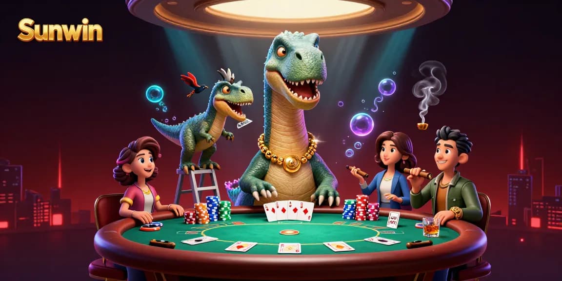 Engage in thrilling card games at Sunwin's vibrant casino scene featuring playful dinosaurs.