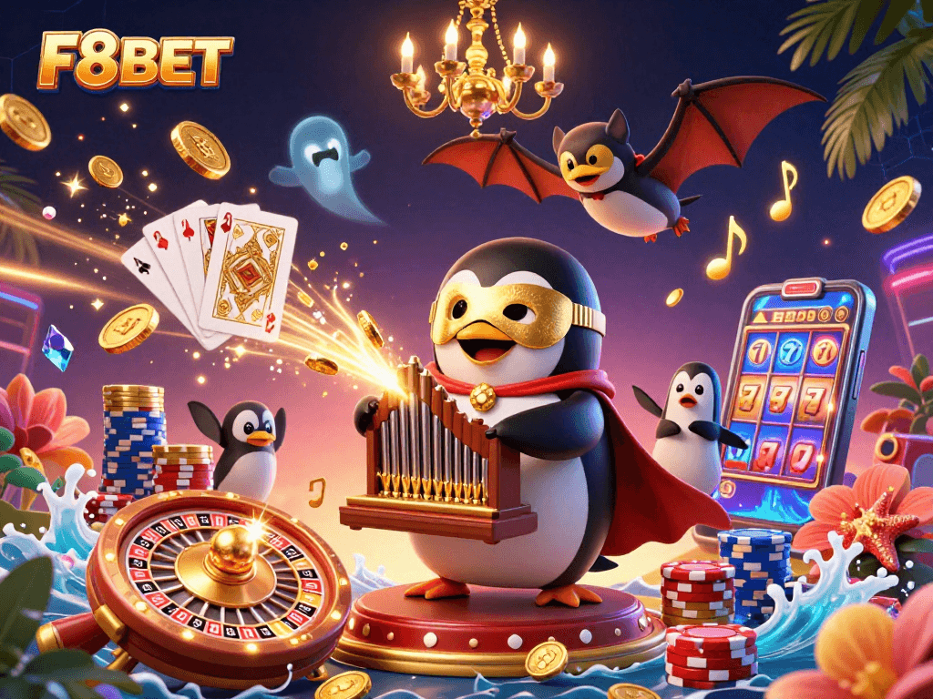 F8BET presents a vibrant 3D casino scene with golden coins and a whimsical gaming atmosphere.