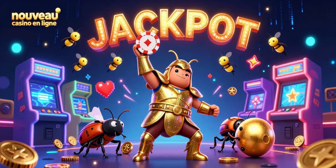 Découvre le nouveau casino en ligne avec un hércule en armure dorée célébrant un jackpot, entouré de machines 3D colorées.