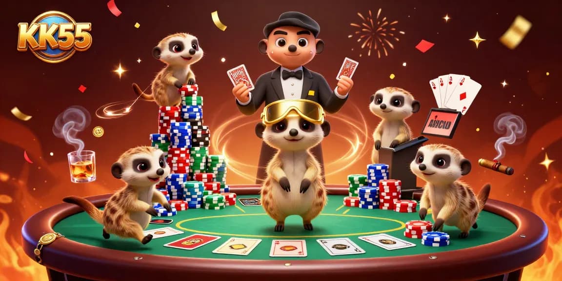 Experience the excitement of KK55 with meerkats managing a vibrant casino, chips flying everywhere!