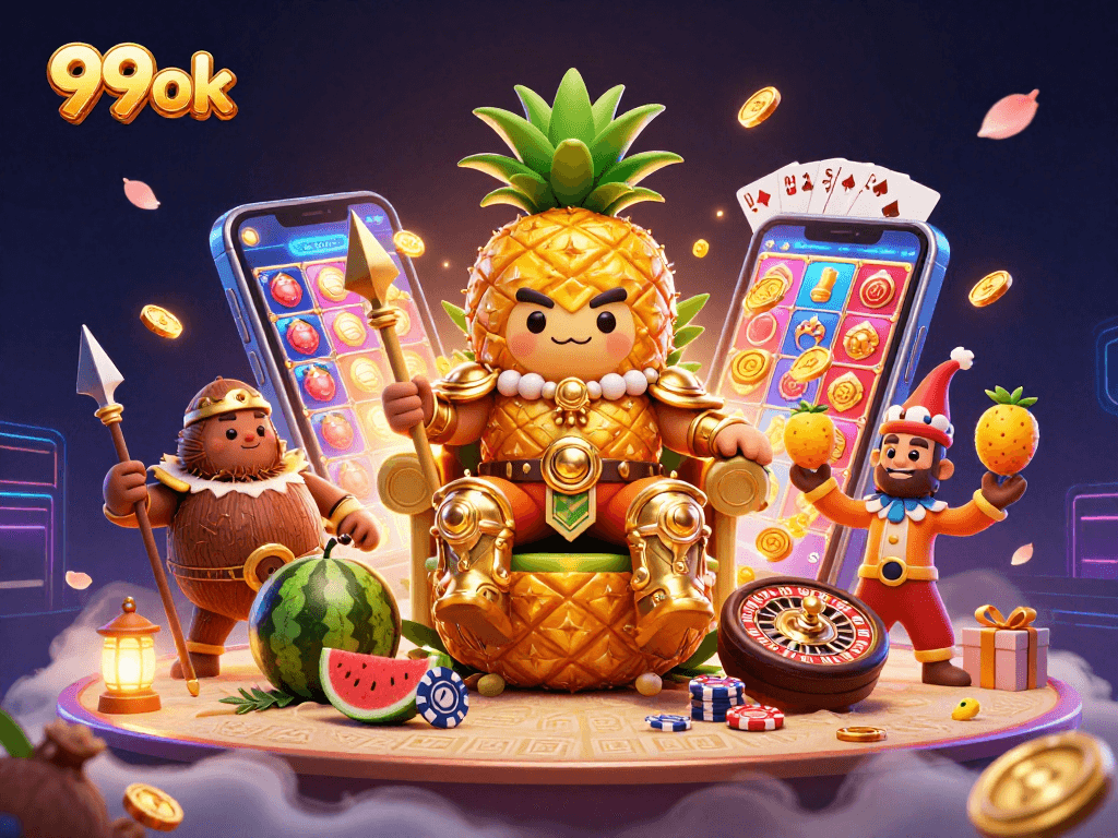 Engage with 99ok's vibrant casino world, featuring the pineapple king and dynamic slot game elements.