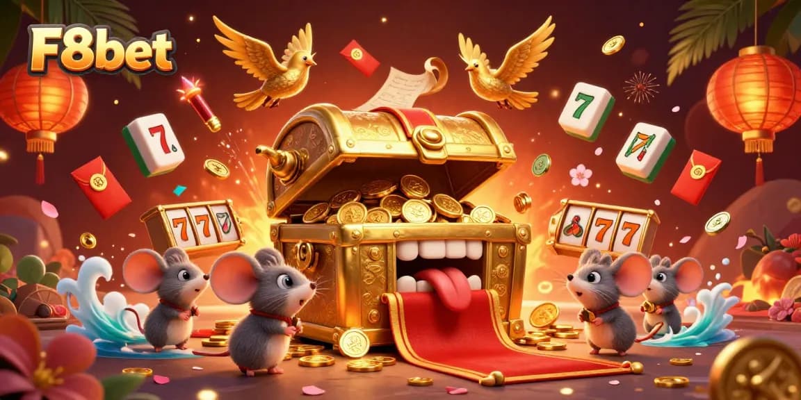 Experience the thrill of F8bet with a treasure chest and slot reels in a vibrant casino scene.