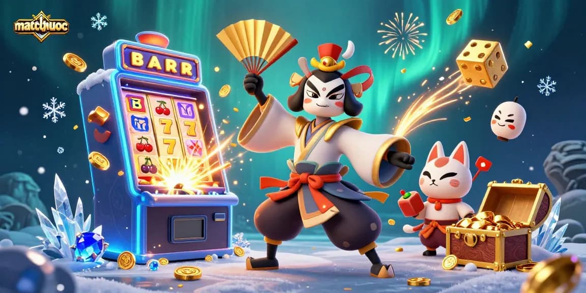 Experience the vibrant world of matchuoc with a kabuki warrior amidst thrilling slot game elements.