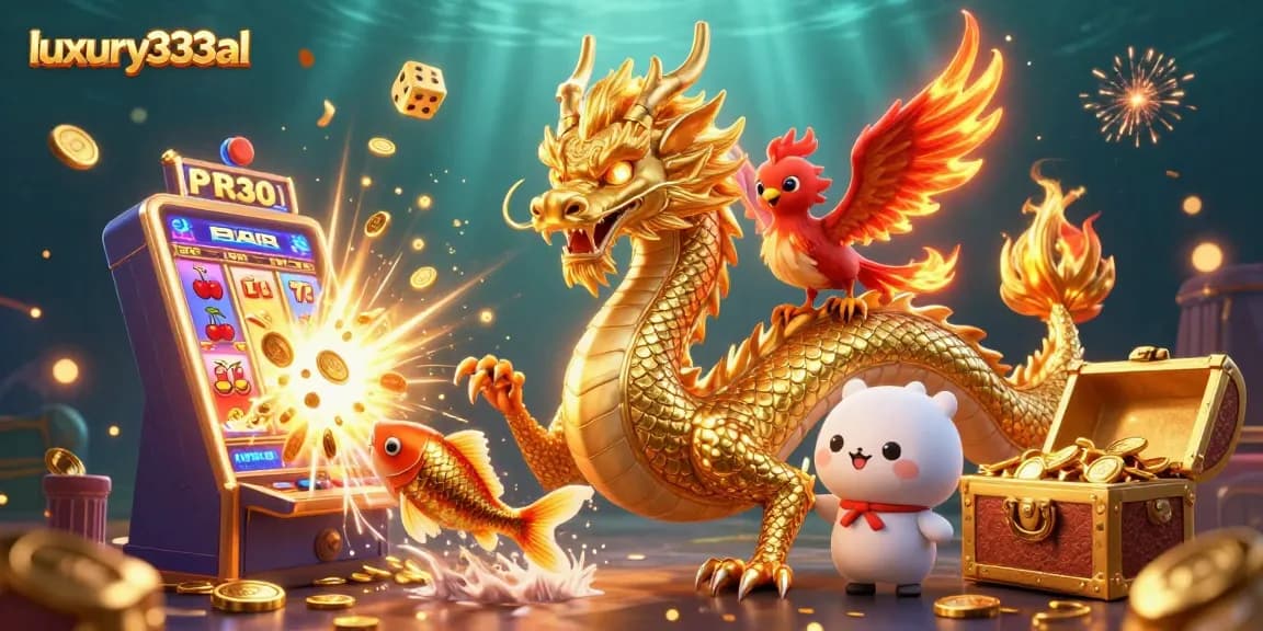 Engage with luxury333al's vibrant casino scene featuring a dragon and phoenix amid jackpots and gaming excitement.