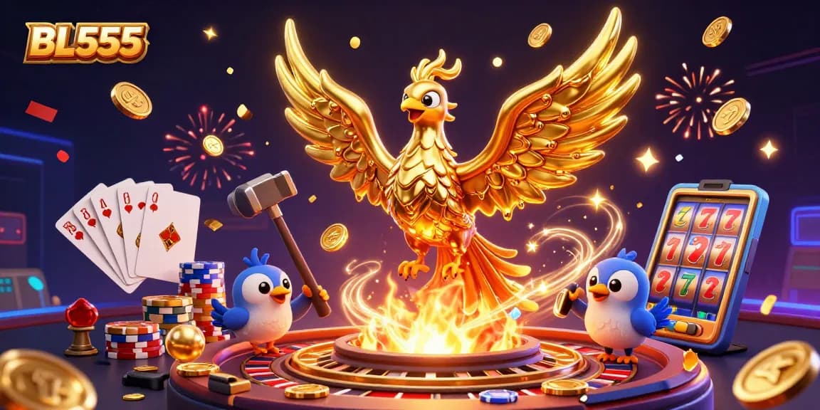 Experience the excitement of BL555 with animated golden coins and a phoenix icon soaring in a dynamic casino scene.
