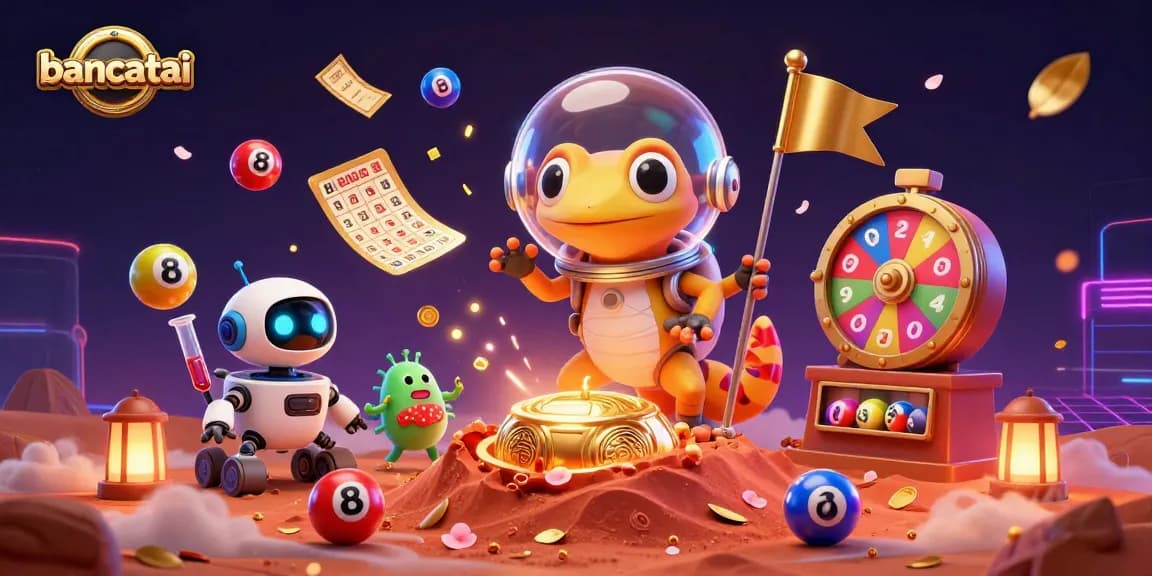 Experience the vibrant energy of bancatai's Martian gecko discovering a golden casino amid lottery games and joyful alien bacteria.