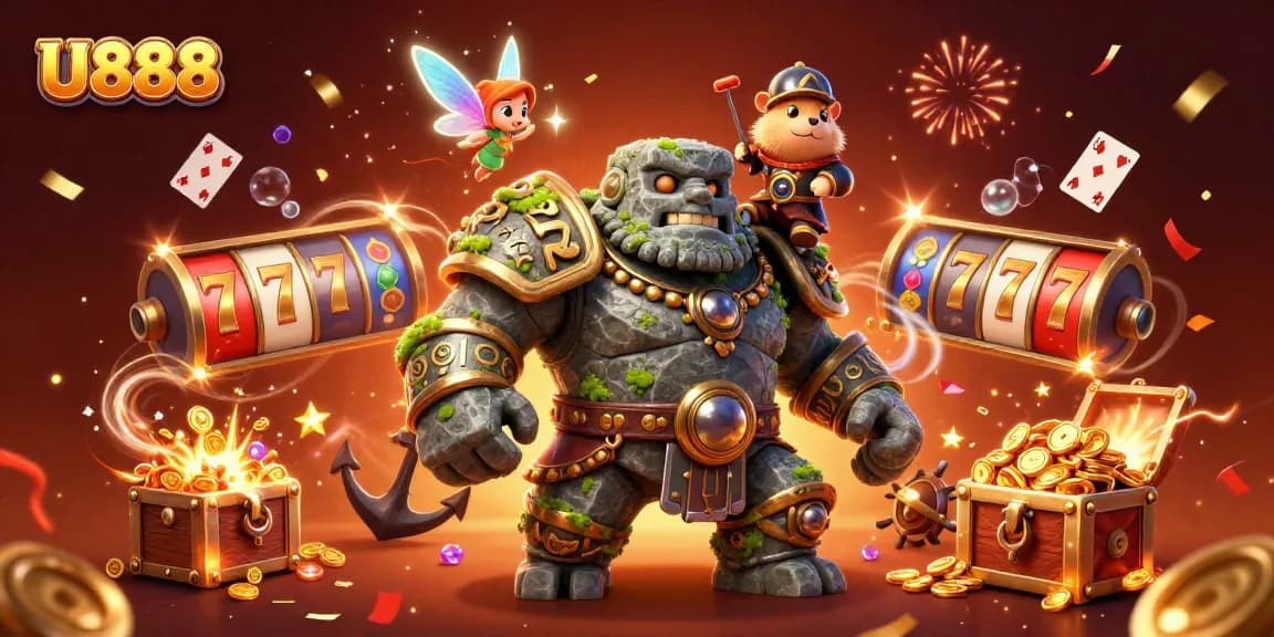 Experience the thrilling world of U888 with a lively scene featuring a stone golem, fairy, and hamster knight amidst slot reels and treasure.