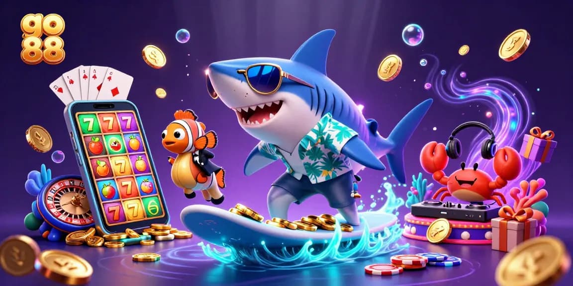 Experience the thrill of go 88 with a shark surfing gold coins, embodying exciting casino elements.