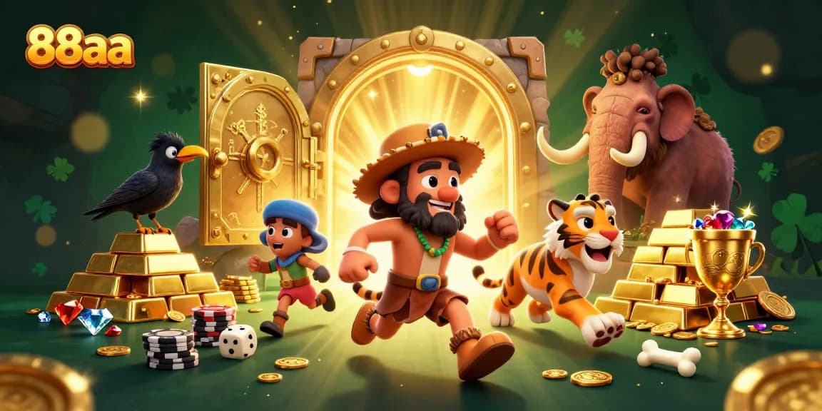 Win big with 88aa in this lively casino scene featuring colorful characters and rich treasures.