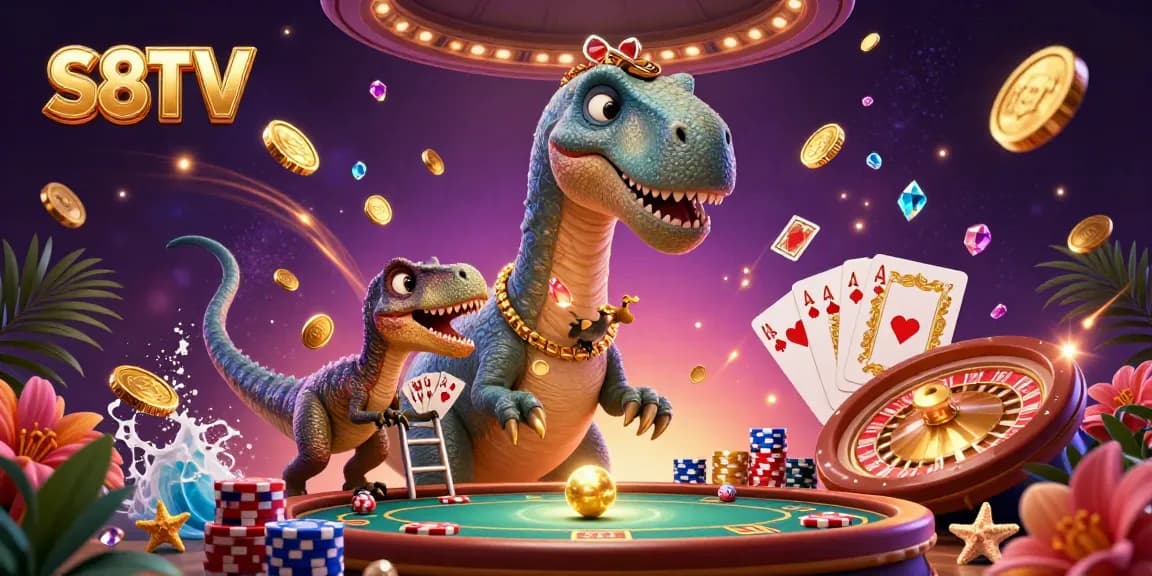 S8TV offers a vibrant gaming experience with a dinosaur dealer and dynamic casino elements.
