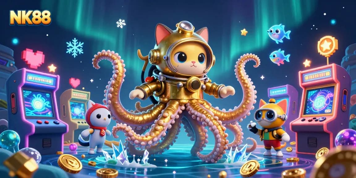 Join the excitement of NK88 with a vibrant illustration of a kraken, diving cat, and arcade games.