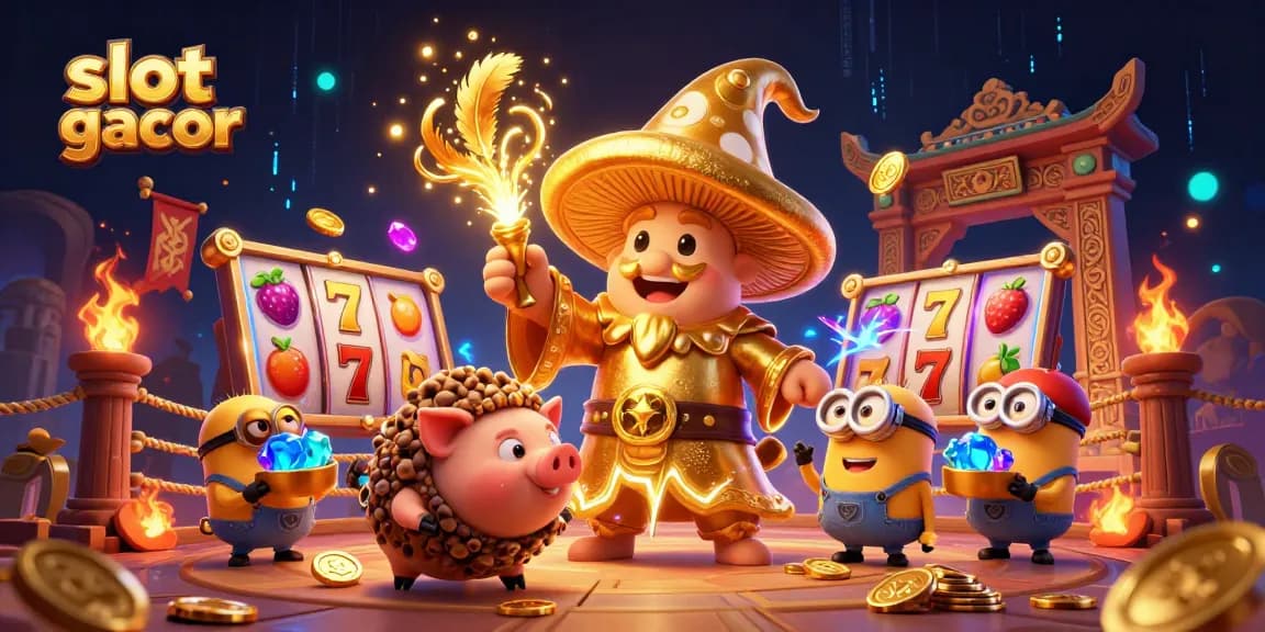 Experience the magic of slot gacor with a wizard turning treasures to gold amid vibrant slot game elements.