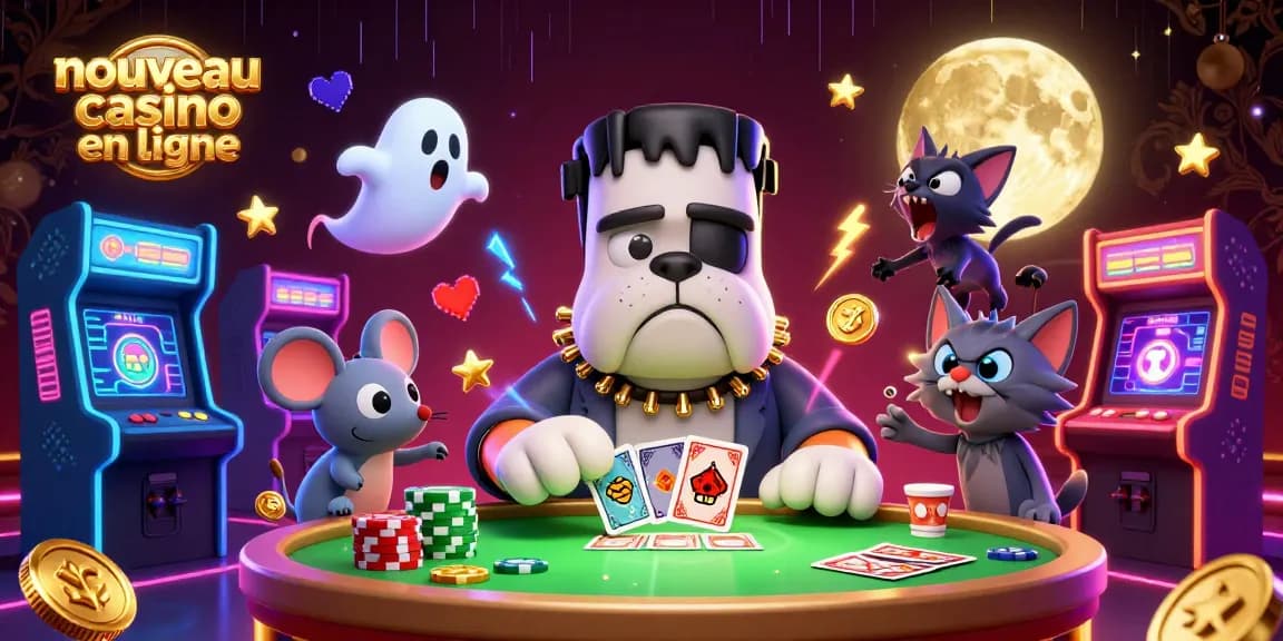 Démonstration d'un nouveau casino en ligne avec un bulldog Frankenstein jouant aux cartes entouré de machines colorées
