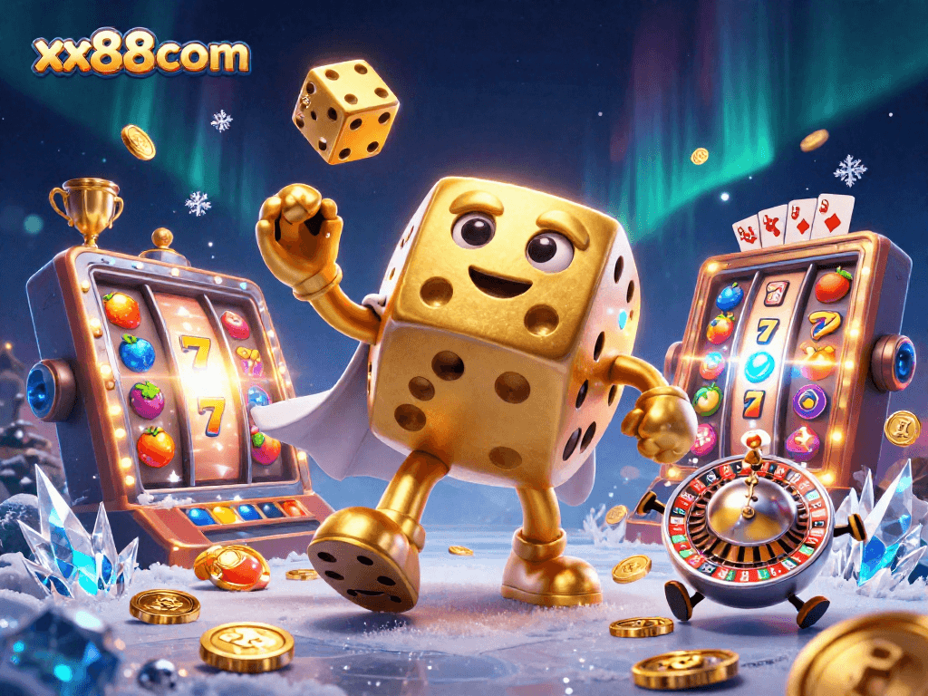 Experience the thrill of winning with xx88com's vibrant casino action featuring golden dice and slot symbols.