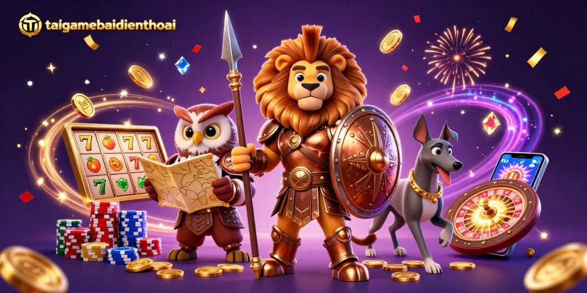 Spin the reels at taigamebaidienthoai with this dynamic 3D casino illustration featuring a Spartan lion and vibrant game elements.