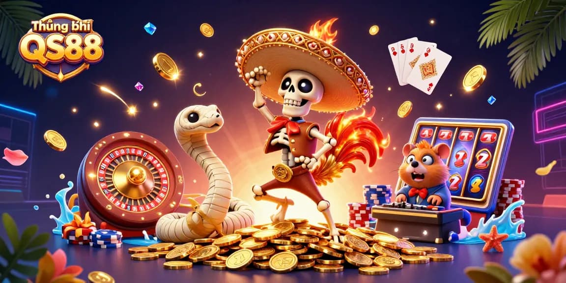 Engage with Thương hiệu QS88 as the skeleton mariachi rooster dances on golden coins, embodying the excitement of online gaming.