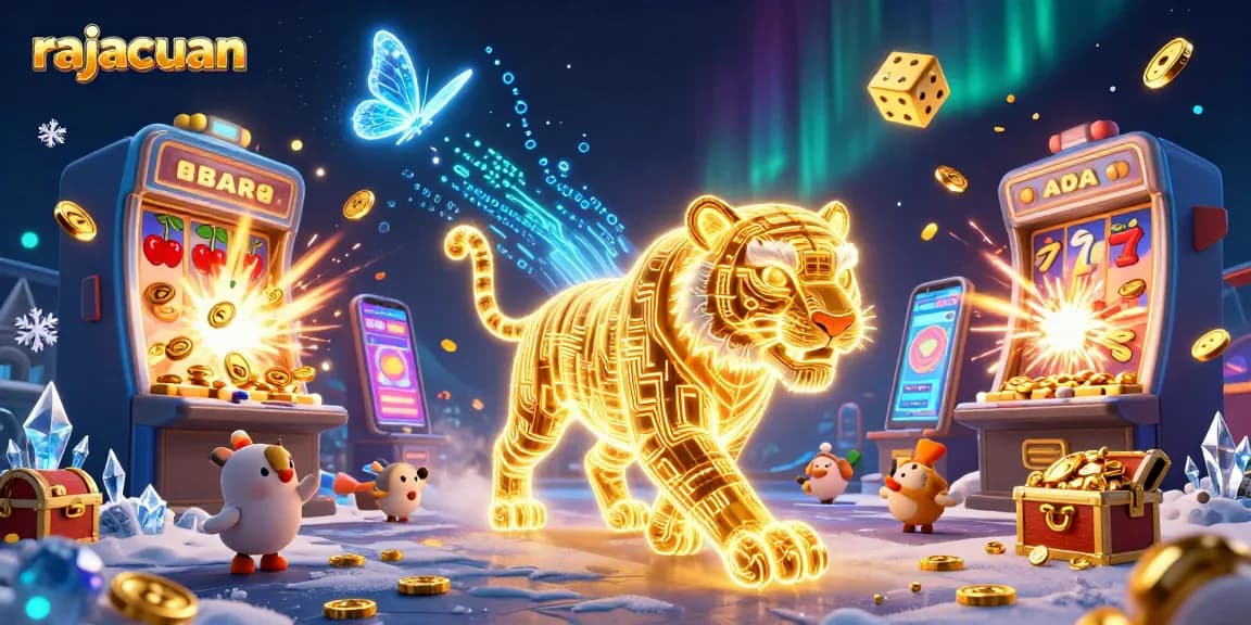 Experience the thrill of rajacuan with vibrant slot machines and a golden tiger in an exciting casino scene.