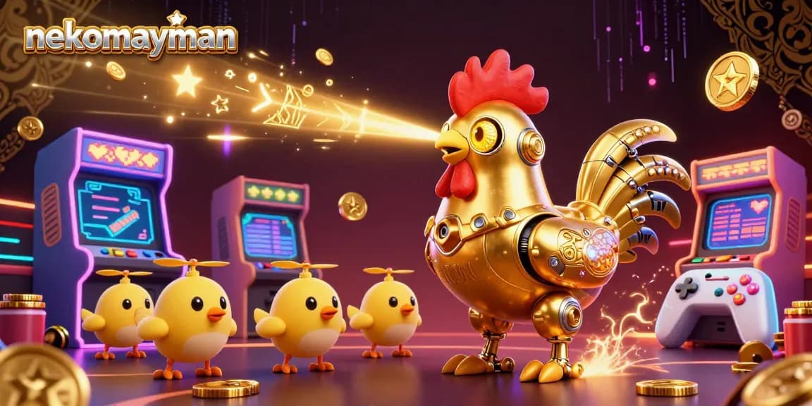 Engage with the luck of nekomayman featuring dynamic golden rooster robot surrounded by gaming icons and vibrant casino aesthetics.