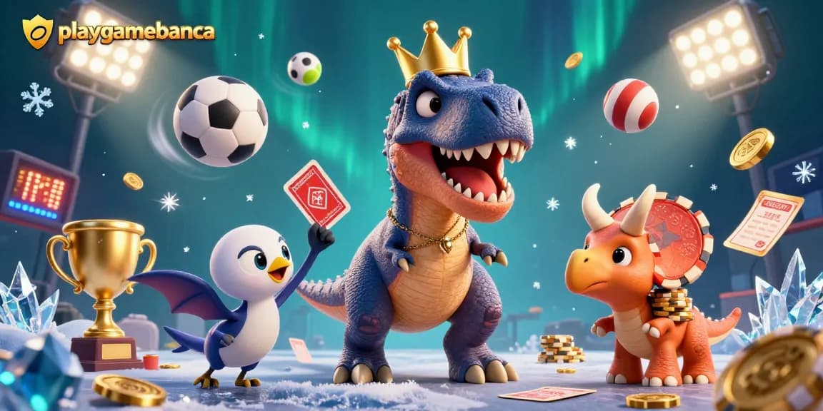 playgamebanca showcases a T-Rex and friends in an engaging casino-themed setting with vibrant colors and dynamic elements.