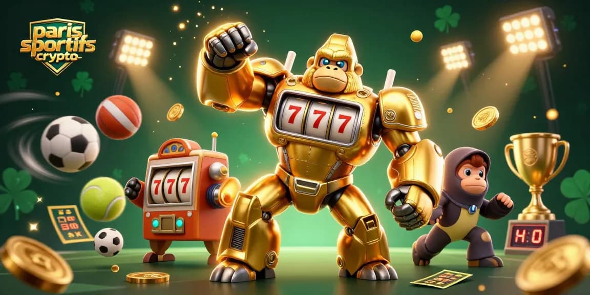 Pariez avec les paris sportifs crypto dans une illustration dynamique présentant un gorille mech doré, des ballons de sport, et des éléments de jeu.