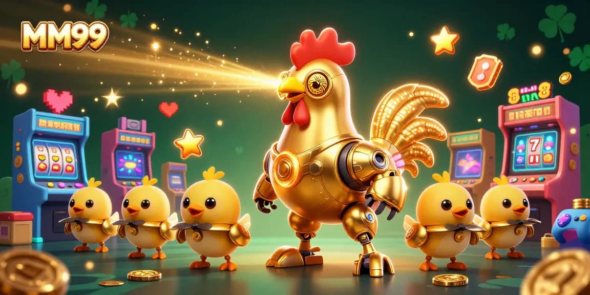 Engage with vibrant MM99 gaming action featuring golden rooster robot and arcade elements.