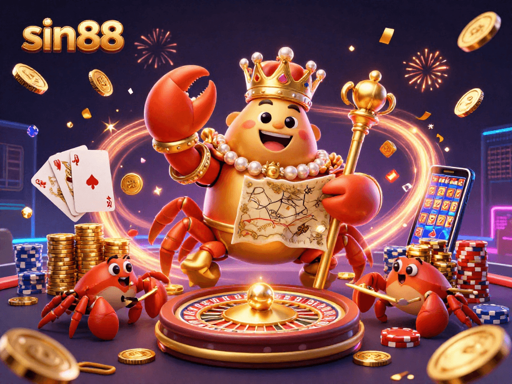 Experience the excitement of sin88 with vibrant casino elements and a lively golden crab emperor.