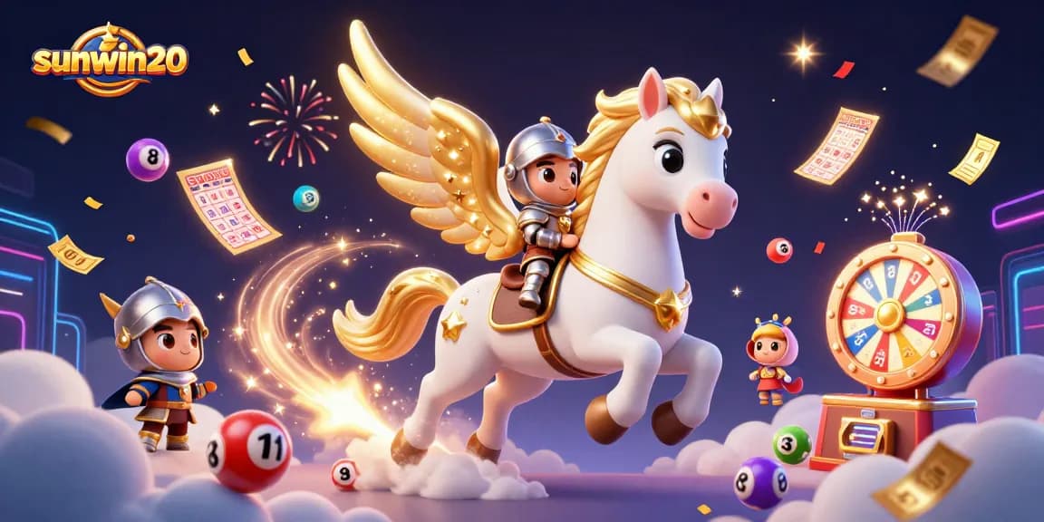 Engage with sunwin20 in a vibrant lottery scene featuring a white horse and lottery elements.