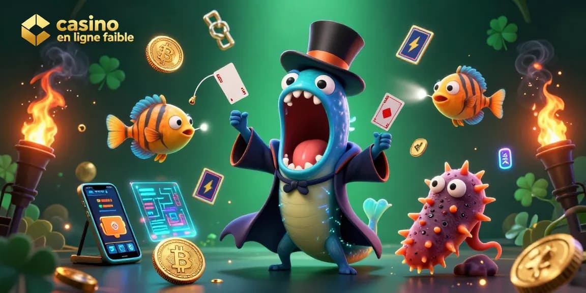 Jouez sur un casino en ligne fiable avec une illustration 3D captivante de créatures marines et éléments de jeu.