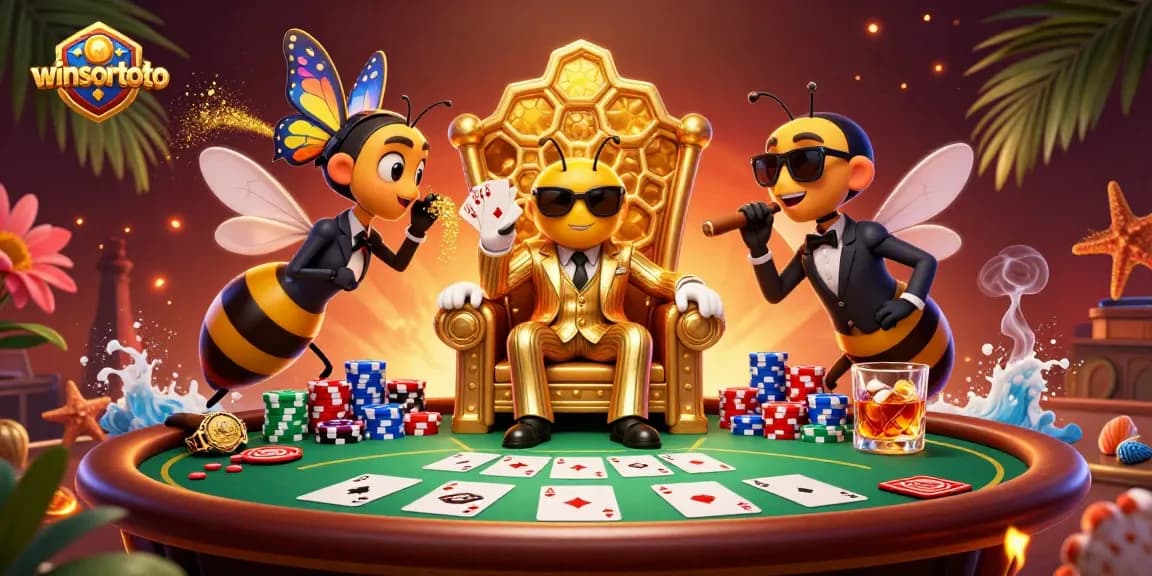 Menang di winsortoto dengan ilustrasi kasino yang berwarna-warni dan dinamis, menampilkan bos lebah dan penjaga.